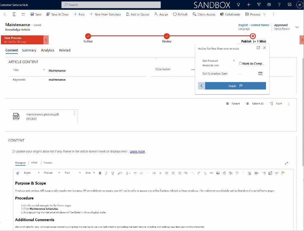 Publishing articles using business process flow
