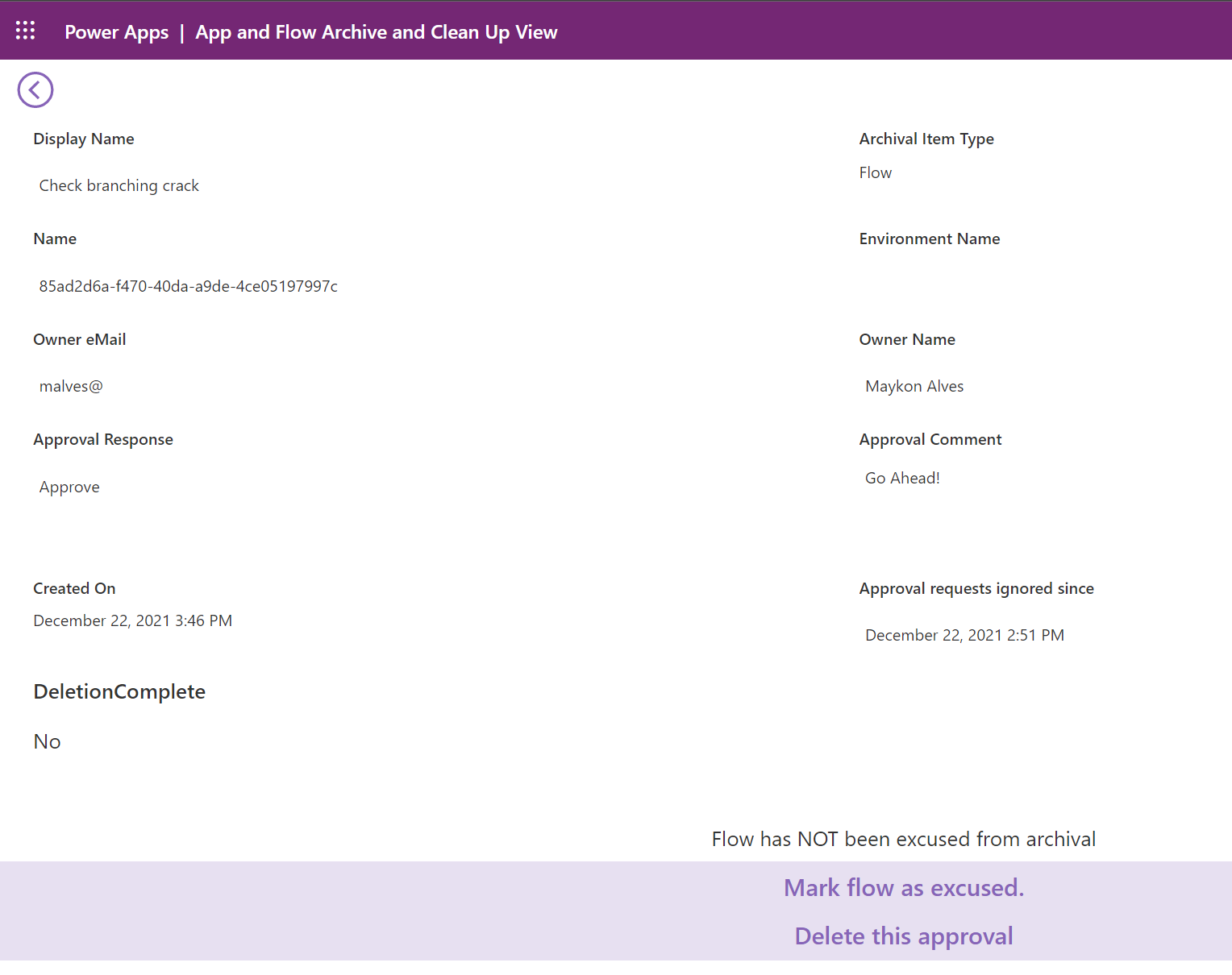CoE - App and Flow Archive and Clean Up view detail
