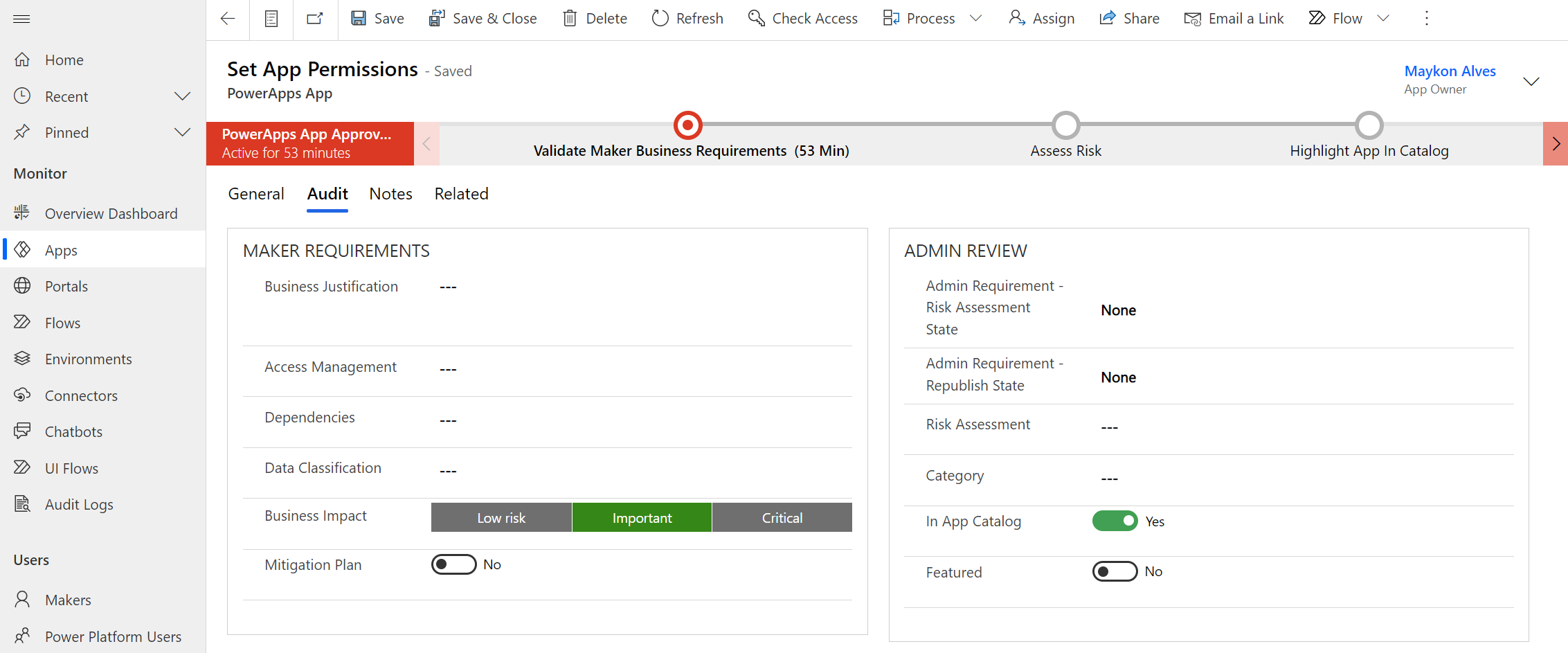 Audit Process View - Enable App on catalog