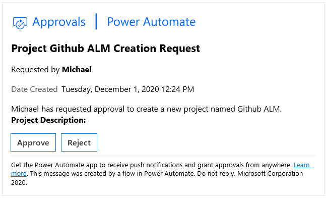 CoE - Requested message to approve new environment
