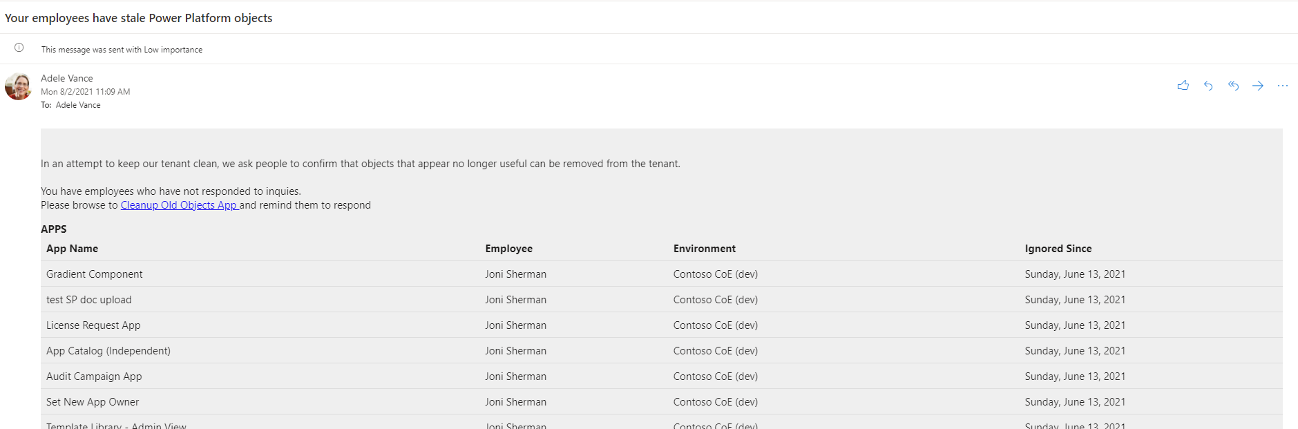 CoE - Power Platform objects stale - Email message