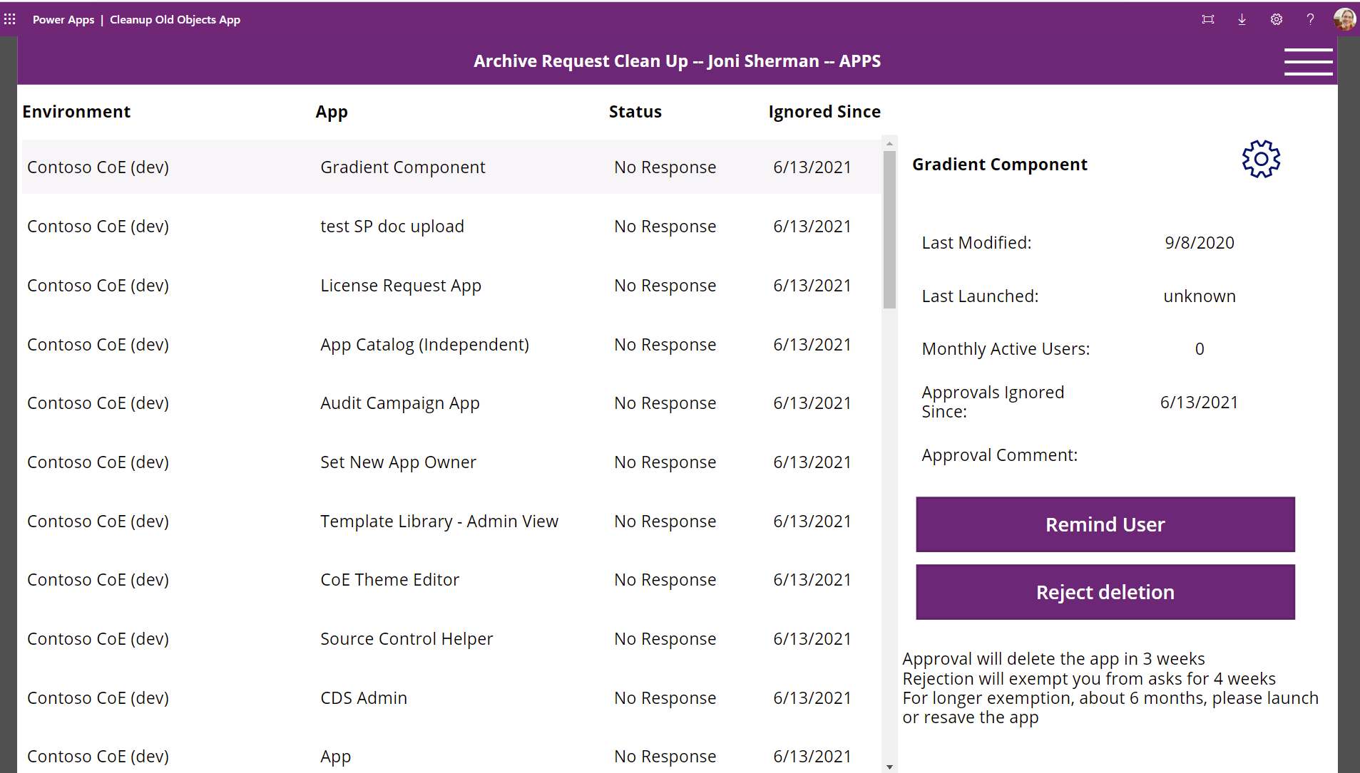 CoE - Cleanup Old Objects App admin view - User apps