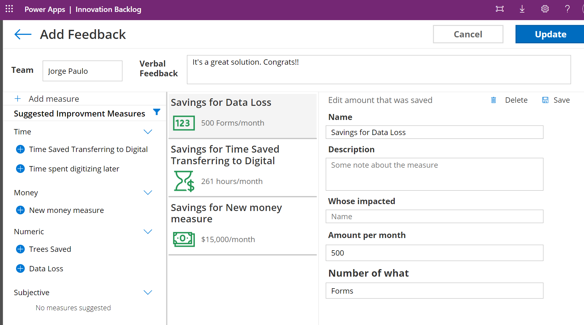 CoE - Feedback sent by user