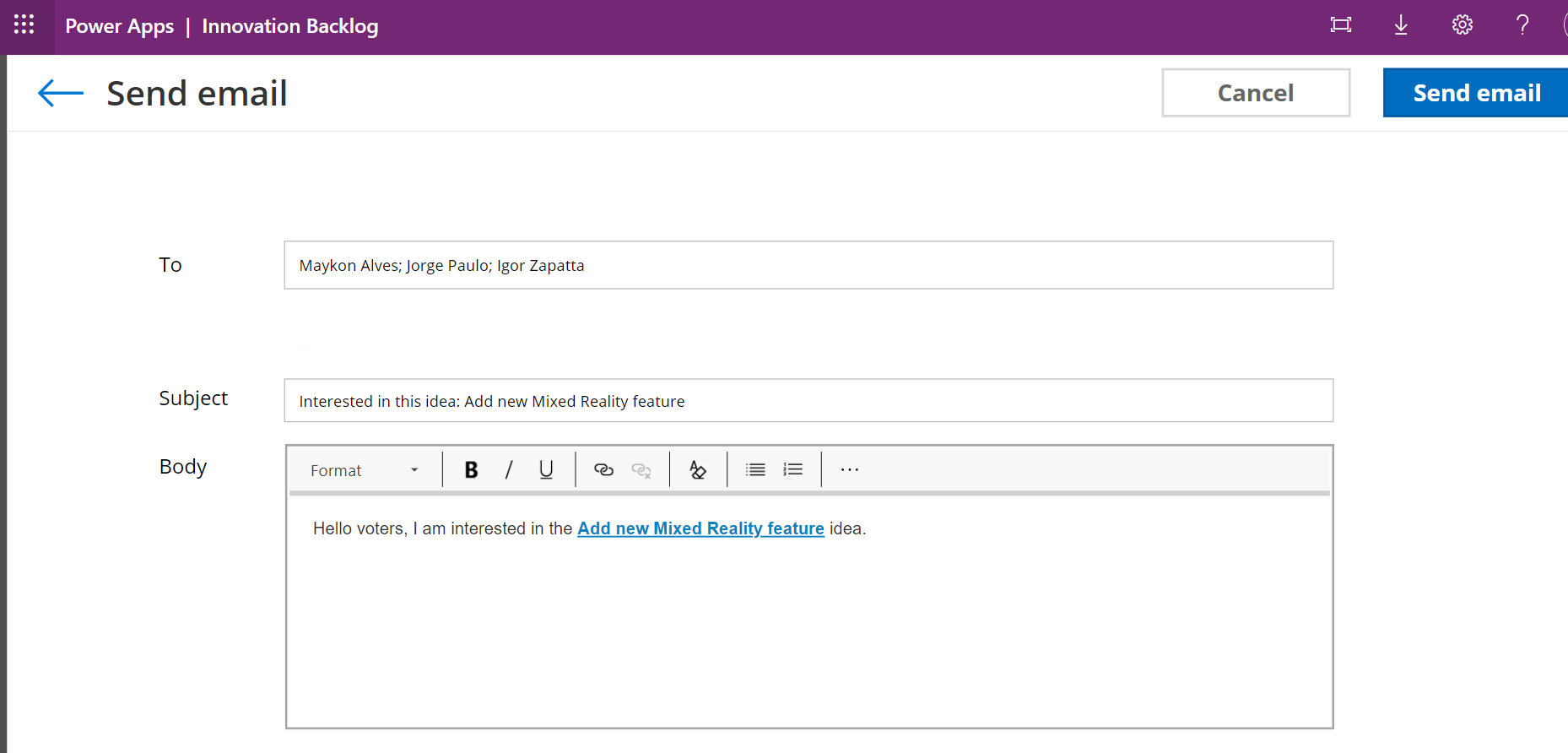 CoE - Email notification requesting votes on the new idea