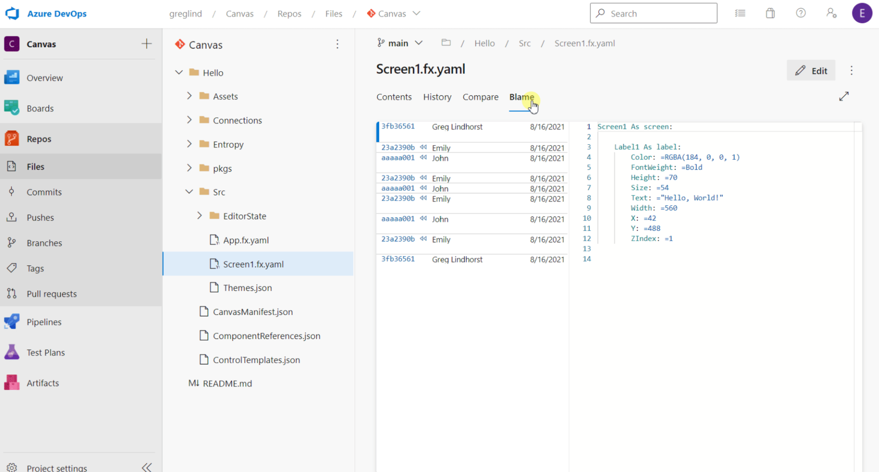 Changes made by each user line by line