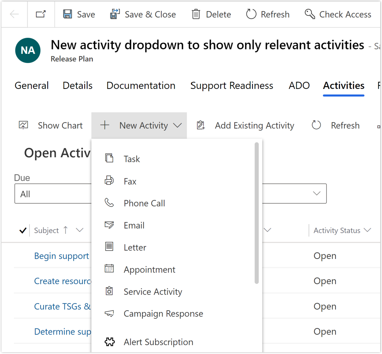 New Activity dropdown to show only relevant activities